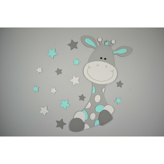 Houten muursticker - Giraf Zazu met sterren/bloemen - eigen kleur (naam optioneel) (60x60cm)